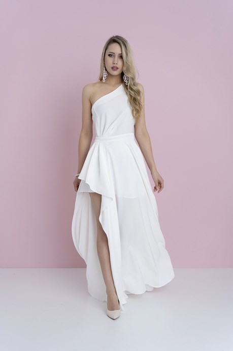 Sukienka długa jedno ramię rozcięcie falbana biel