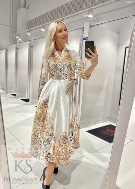 Sukienka midi wiązanie orientalny print ecru