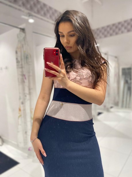 Sukienka krótka koronka góra pas brokat granat