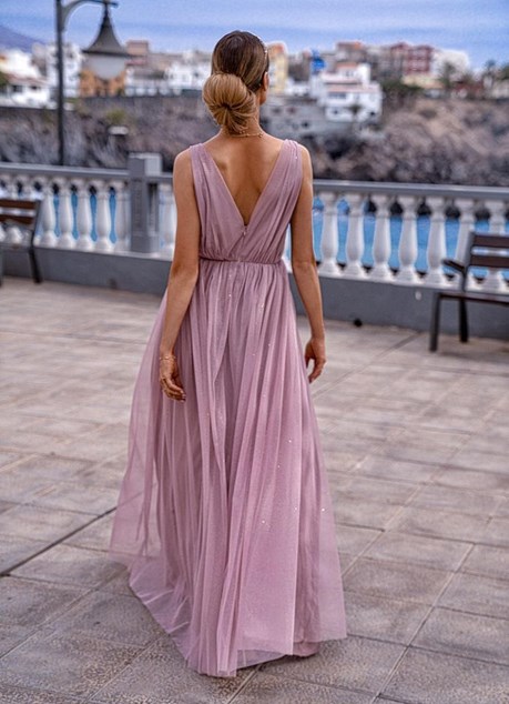 Sukienka długa tiul głęboki dekolt brokat wrzos