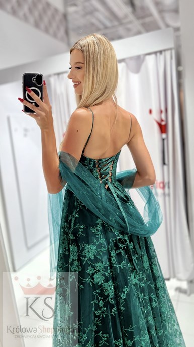 Sukienka długa balowa brokatowe kwiaty zieleń