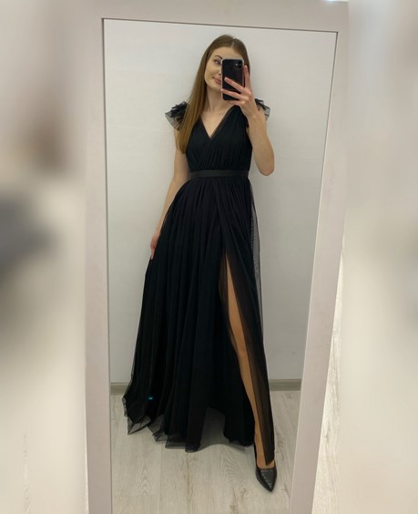 Sukienka długa tiul rękawek czarny pas czerń