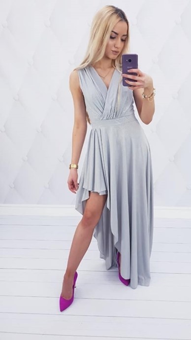 Sukienka długa asymetryczna brokat szary