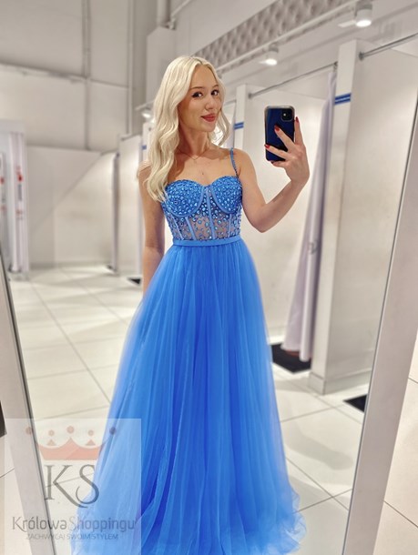 Sukienka długa gorset kamienie tiul błękit