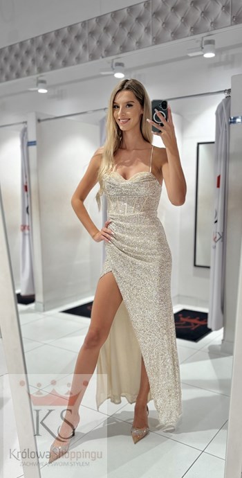 Sukienka długa cekiny kamienie dekolt szampan