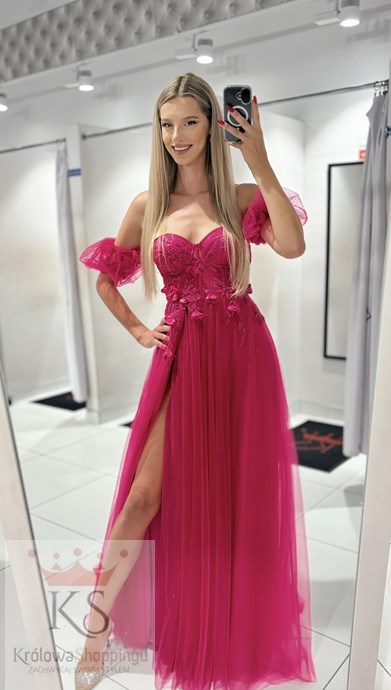 Sukienka długa gorset rękawek tiul fuksja