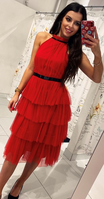 Sukienka midi tiul plecy falbany czerwień