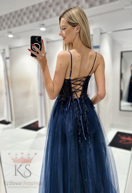 Sukienka długa gorset tiul brokat koraliki granat