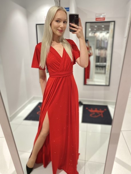 Sukienka długa rękawki brokat czerwień