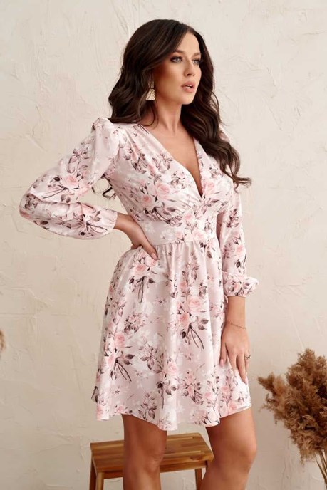 Sukienka krótka odcinana długi rękaw kwiaty beż