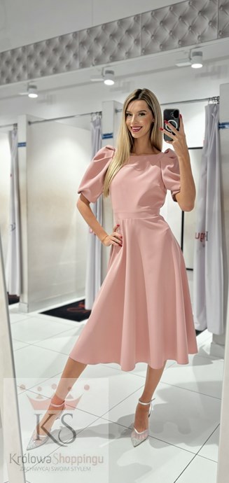 Sukienka midi 3/4 rękawek wiązanie plecy pudrowy