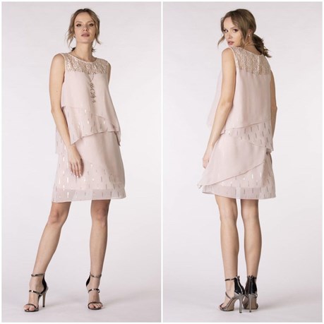 Sukienka krótka falbanki koronka góra róż/złoto