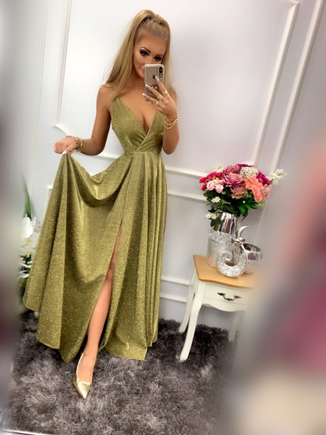 Sukienka długa brokat odkryte plecy złoty