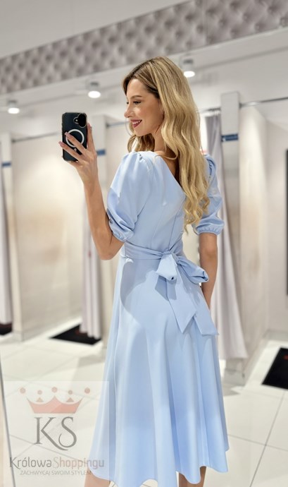 Sukienka midi rękawek 3/4 pas wiązanie j. błękit