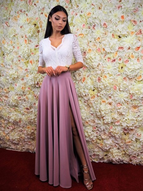 Sukienka długa miękki rękawek biel/róż