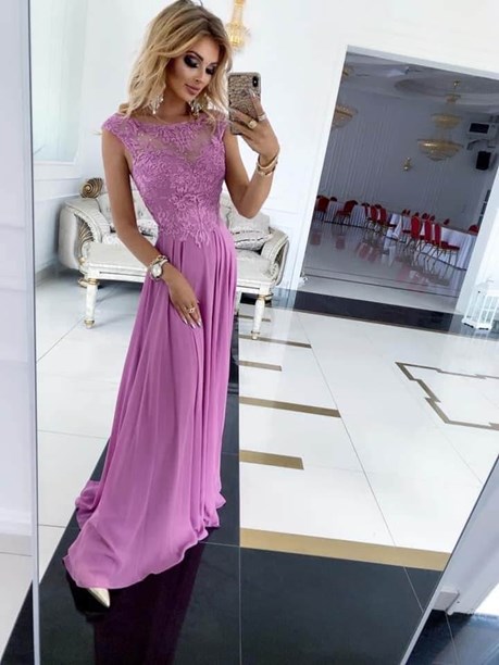 Sukienka długa koronka listki góra wrzos