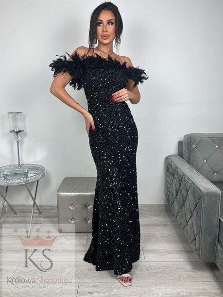 Sukienka długa cekinowa pióra przy dekolcie czerń