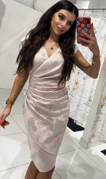 Sukienka krótka marszczenie pas pudrowy róż/srebro