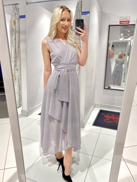 Sukienka długa asymetryczna szyfon pasek popiel