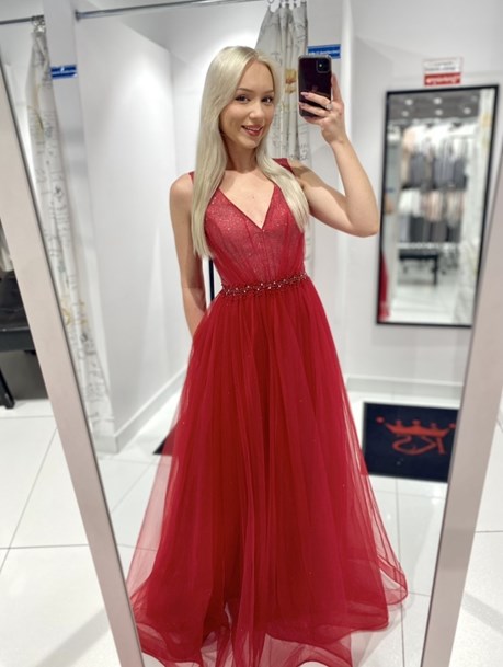 Sukienka długa zdobienie tiul perły brokat bordo