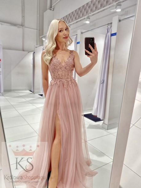 Sukienka długa tiulowa gorset koronka róż