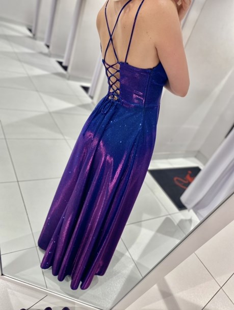 Sukienka długa wiązanie plecy brokat róż/granat