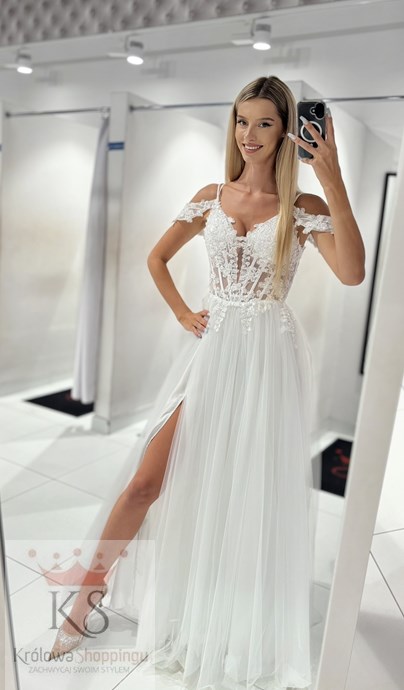 Sukienka długa tiul gorset haft biel