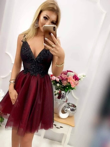 Sukienka krótka tiul kamyczki bordo/czarny