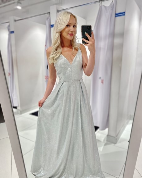 Sukienka długa na ramiączkach perły brokat srebro