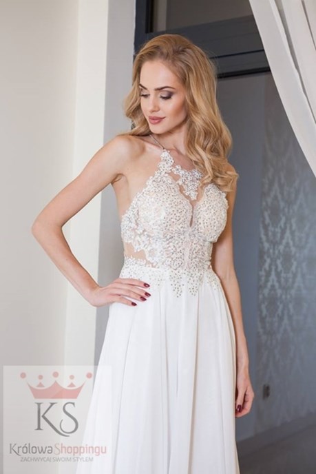 Sukienka długa ramiączka na krzyż ecru