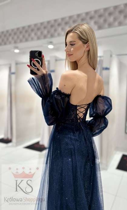 Sukienka długa gorset wiązanie rękawki granat