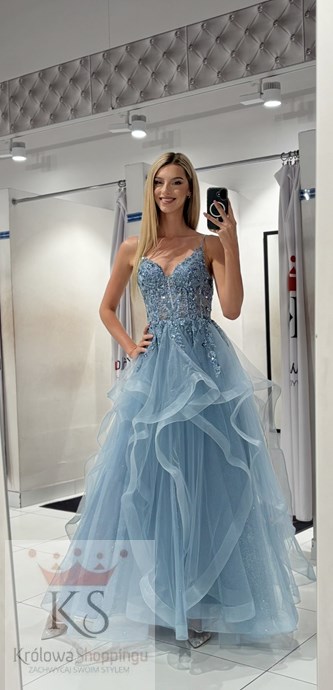 Sukienka długa falbanka cekiny gorset jeans