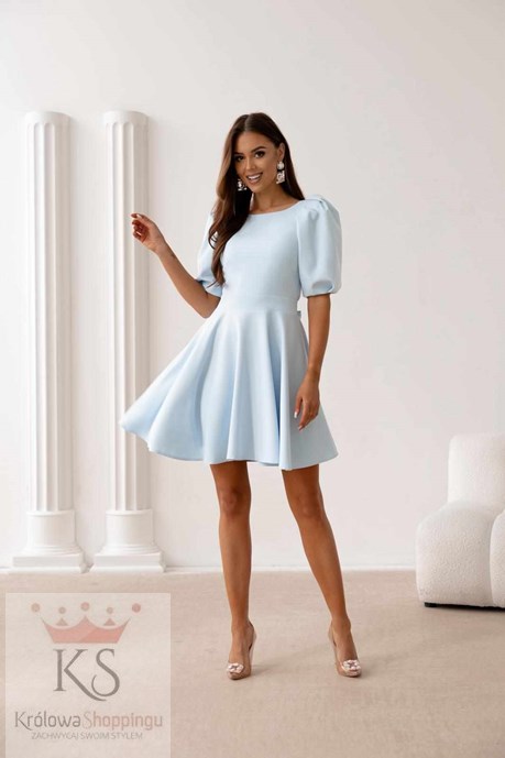 Sukienka krótka 3/4 rękawek wiązanie plecy błękit