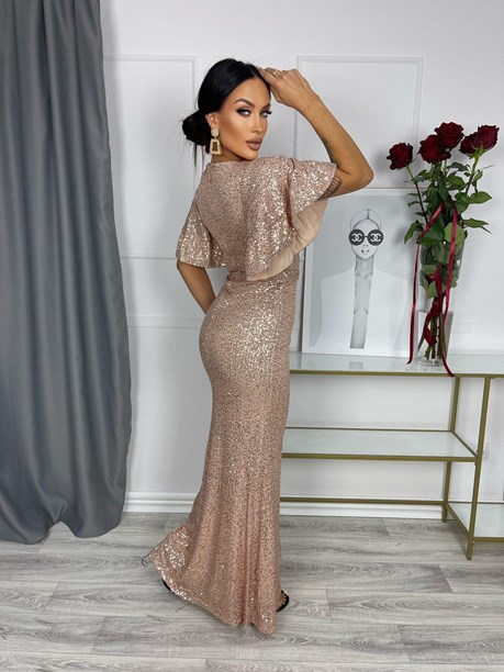 Sukienka długa cekin dekolt rękawek pas złota