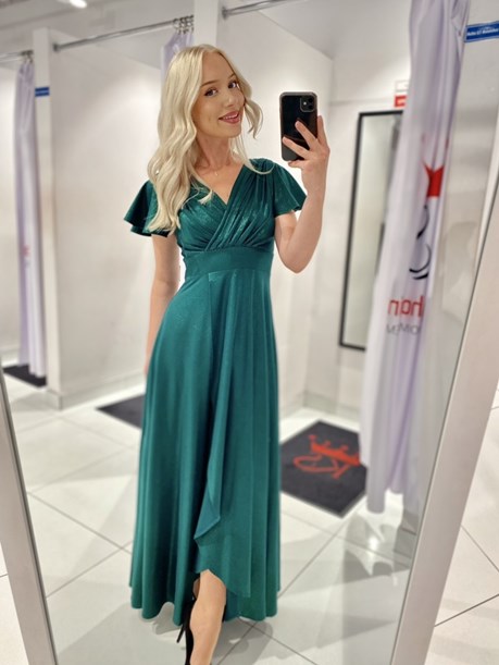 Sukienka długa marszczony pas połysk zieleń