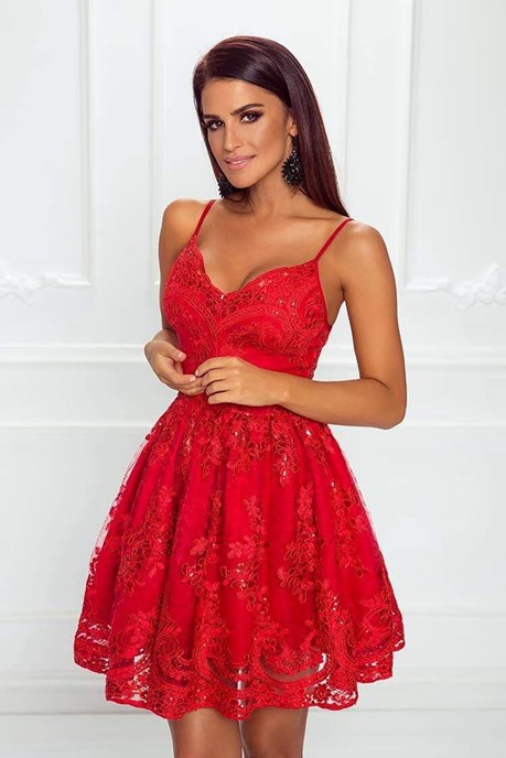 Sukienka krótka koronkowa na ramiączkach czerwony