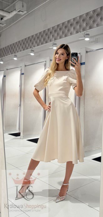 Sukienka midi guziki plecy rękawek wiązanie beż