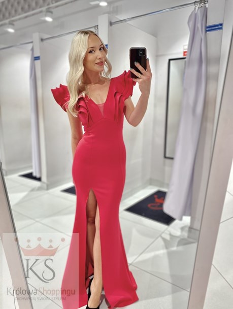 Sukienka długa rybka gładka falbany malina