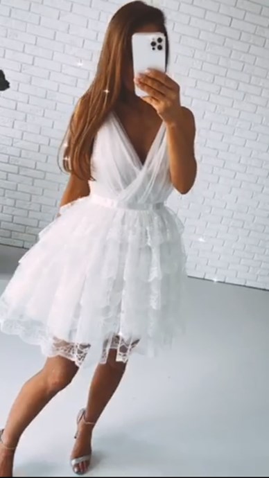 Sukienka krótka koronka tiul dekolt  biel