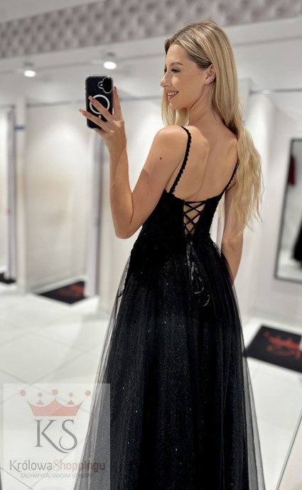 Sukienka długa tiul brokat koronka wiązanie czerń