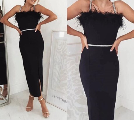 Sukienka midi ramiączka pióra na dekolcie czerń