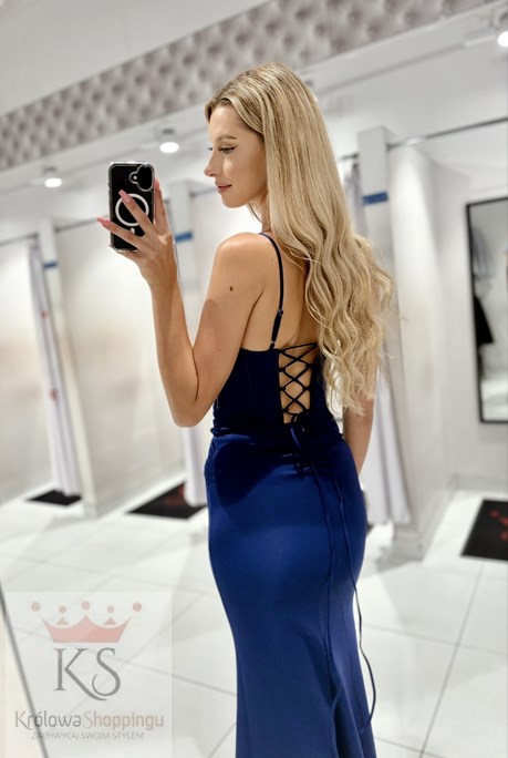 Sukienka długa wiązanie gorset koraliki granat