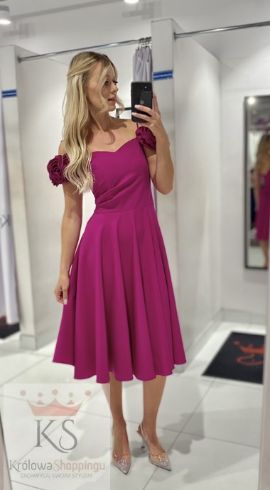 Sukienka midi opadające ram. róże fuksja