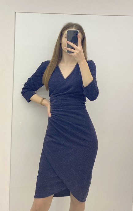 Sukienka krótka rękaw marszczenie granat brokat