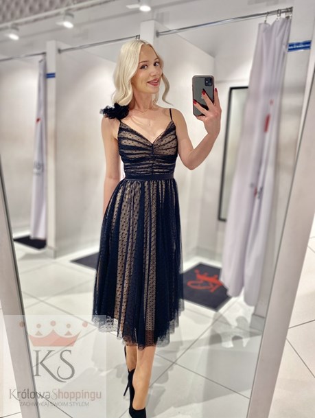 Sukienka midi ramiączka ozdoba tiul czerń/beż