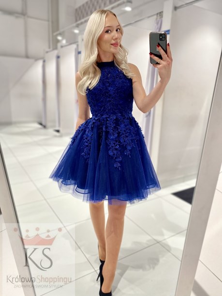 Sukienka krótka tiul koronka wiązanie szyja granat