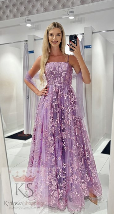 Sukienka długa balowa brokatowe kwiaty fiolet