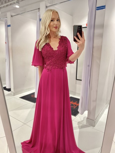 Sukienka długa zdobiona góra rękawek fuksja