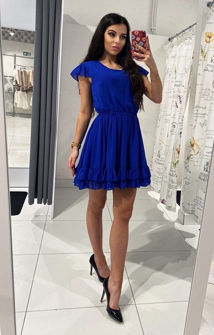 Sukienka krótka falbanka krótki rękaw chabrowy