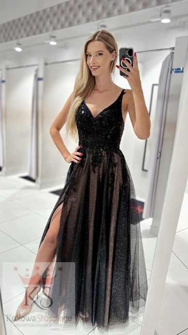 Sukienka długa gorset zdobienie tiul krem/czerń